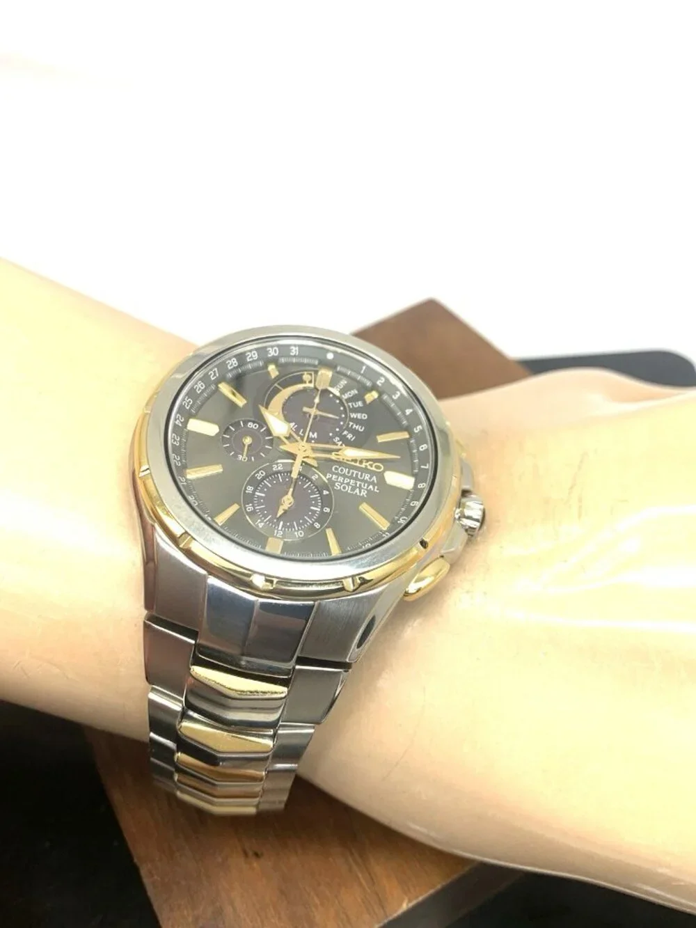 Seiko Men's Watch SSC376 Coutura Black Dial Solar Chronograph Two Tone Steel